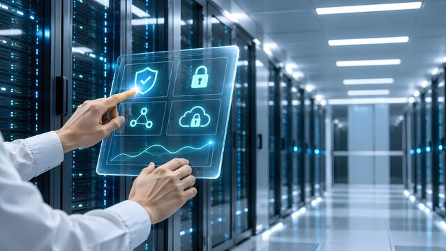 Data center technician interacting with a futuristic transparent tablet displaying security and cloud icons server racks in background