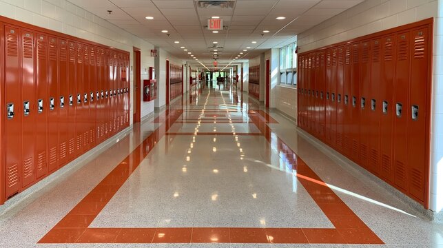 American Public School Hallway With Lockers Warm Morning Light And Polished Reflective Floors Interior