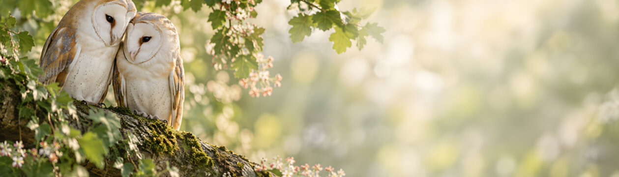 Barn owls perched on tree branch, surrounded by lush green leaves and soft sunlight, create serene and romantic atmosphere