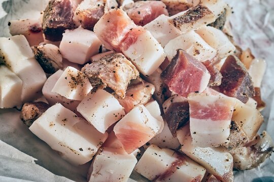 Cubes of guanciale; the Italian  cured pork cheek.