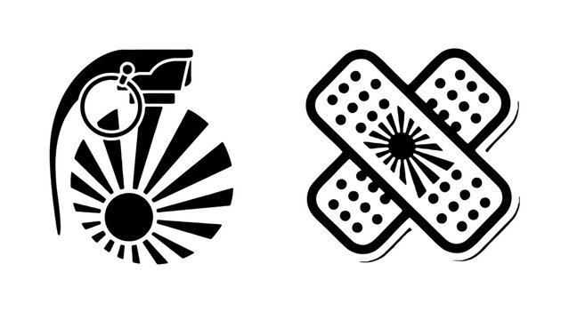 Black and white grenade and adhesive bandage vector icons, military explosive and medical plaster graphics, urban street art stencil elements
