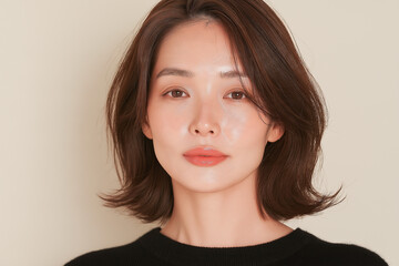 Fototapeta premium 日本人, 女性, 50代, 40代, ミドル, シニア, 美容, スキンケア, エイジングケア, 健康, ライフスタイル, 美人, ナチュラル, 清潔感, 透明感, 白背景, コピースペース, 広告素材, 信頼感, 微笑み, ウェルビーイング, 上半身, 視線, ポニーテール, 化粧品, エステ, 自己肯定感, オーセンティック, ポジティブエイジング, 日本, ウェルエイジング, サプリメント,