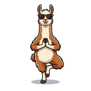 Cool cartoon llama wearing sunglasses standing in yoga tree pose.