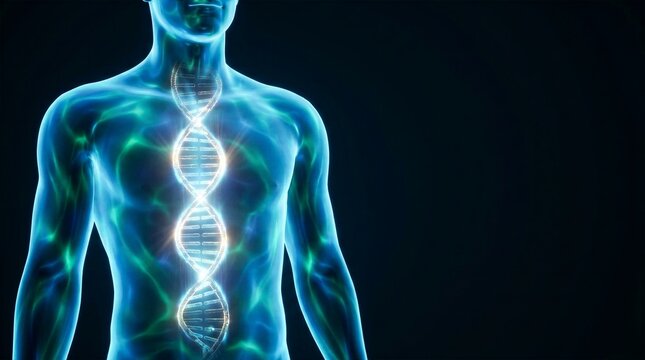 Glowing DNA double helix inside male body concept for biotechnology and genetics