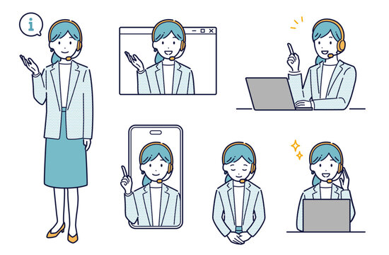 インカムをしたスーツ女性の接客・案内イラストセット