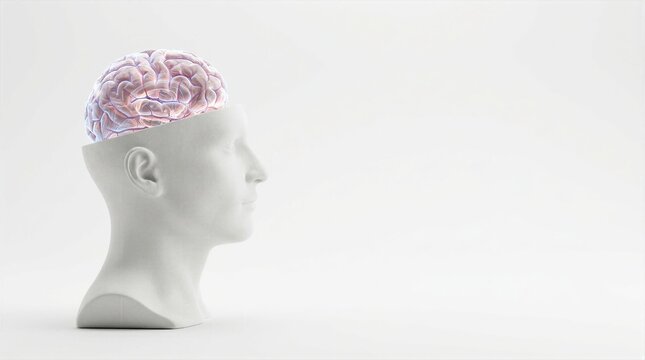 Profile view of white human bust with exposed illuminated brain depicting thought and intellect