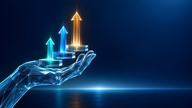 Digital hand holding glowing upward arrows representing growth progress and success in a futuristic digital landscape