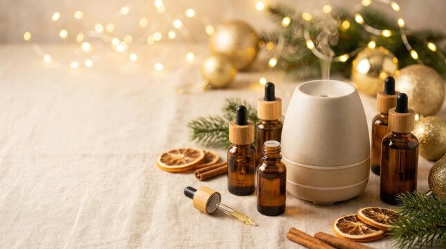 Aromatherapy diffuser and essential oil bottles on festive table.