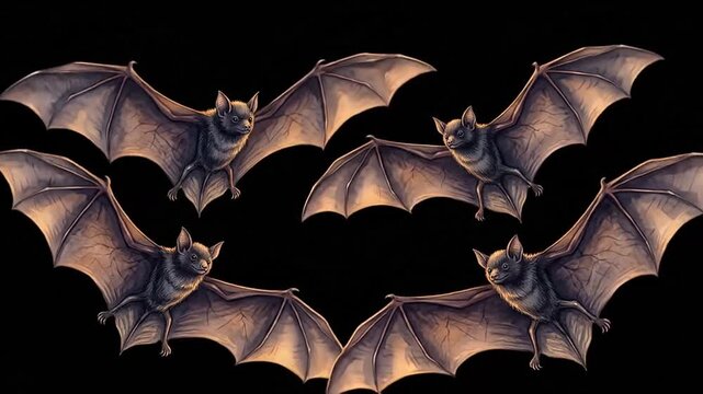 Four stylized bats flying against a stark black void