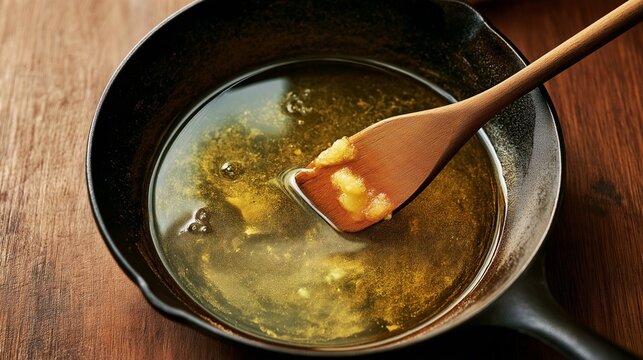 A demonstration of how to solidify and dispose of used cooking oil left in a frying pan using a solidifying agent