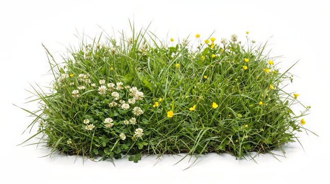 Lawn patch featuring green grass, white clover blossoms, and small yellow wildflowers on a white studio background.