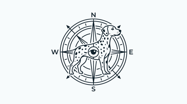 Dalmatian dog silhouette inside a nautical compass rose line art design