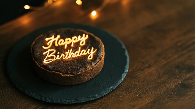 A chic birthday cake with glowing &ldquo;Happy Birthday&rdquo; lettering placed on a wood-grain table