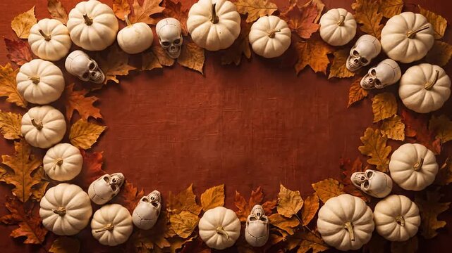 White pumpkins and skulls frame an autumn background with drifting smoke