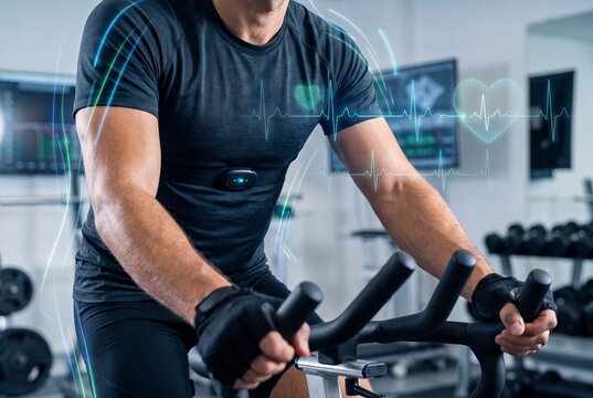 Man wearing a chest heart rate monitor cycling on a stationary bike in a gym with exercises stationary exercise while digital health health data graphics