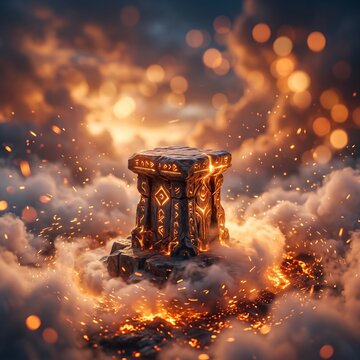 Ancient Glowing Runestone Surrounded by Fiery Magical Particles