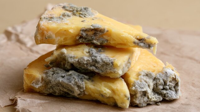 Chopped yellow cheese with fungus growth, rotten food slices covered with gray mold on a brown paper background, illustrating food spoilage, contamination, decay, waste and unsafe storage
