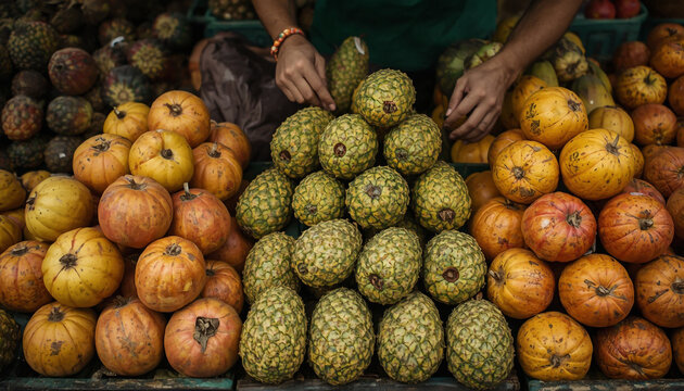 Vendor arranging fresh tropical soursop fruits at local organic farmers market