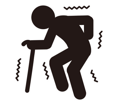 Frail Elderly Person Walking with a Cane Pictogram, Aging, Weakness and Walking Difficulty