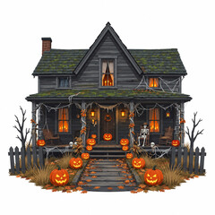 Obraz premium Halloween Haunted House with Glowing Carved Pumpkins, Cobwebs, Skkeletons, and Autumn Fallen Leaves Vector Illustration