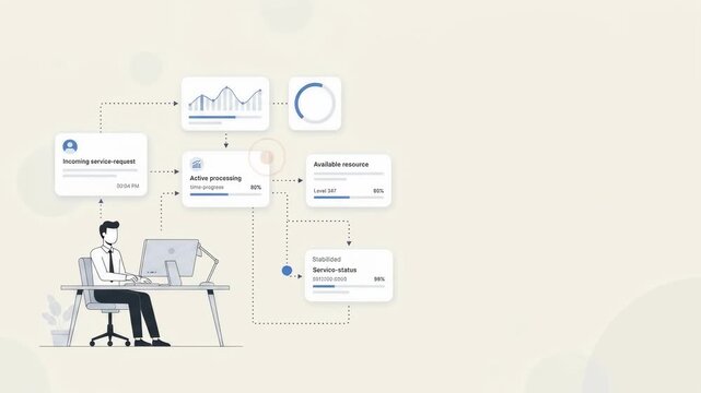 An office worker manages automated IT service requests and system workflows with digital analytics dashboards and data flow diagrams