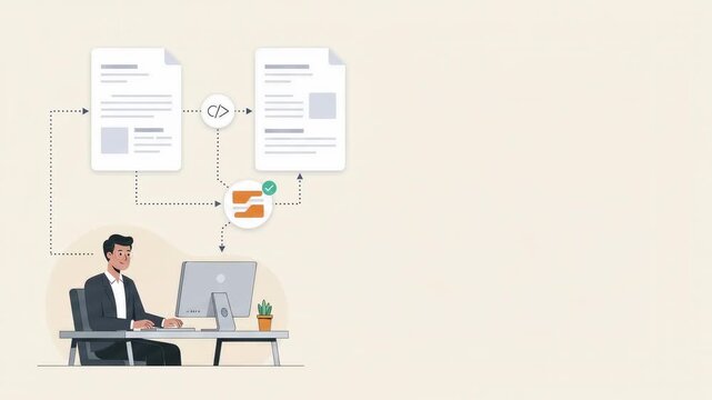 Man working at computer desk with document processing and workflow graphics animation