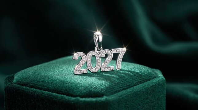 Diamond encrusted 2027 year pendant resting on a dark green velvet jewelry box with soft lighting