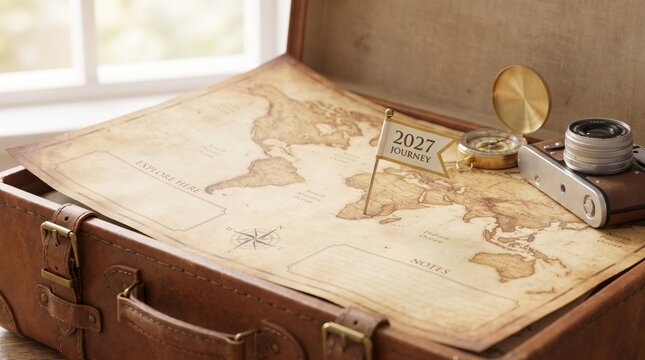 Vintage leather suitcase containing a world map with a 2027 journey flag and antique camera equipment