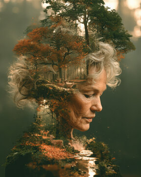 Surreal profile of an elderly woman blended with an autumn forest, deer and glowing stream, creating a contemplative portrait of age, nature and seasonal change.
