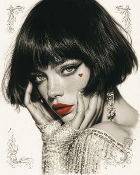 Glamorous monochrome portrait of a woman with sleek dark bob, vivid red lips, tiny heart cheek detail and sparkling fashion, framed with delicate decorative sketchwork.