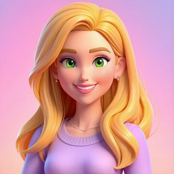 Smiling Cartoon Blonde Woman Avatar with Green Eyes On Pink & Purple Background 