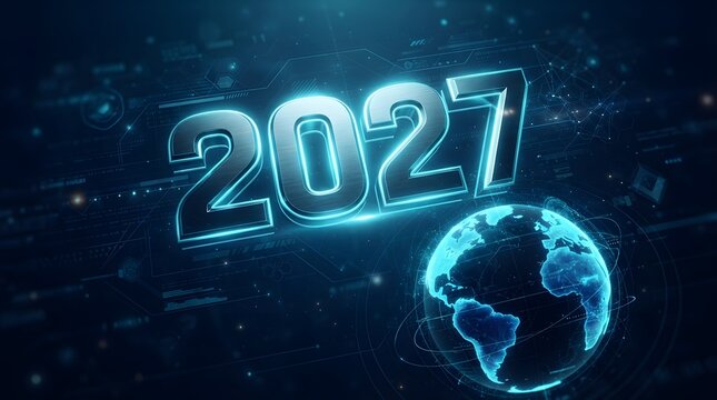 Futuristic new year 2021 digital rendering with glowing earth and technology background
