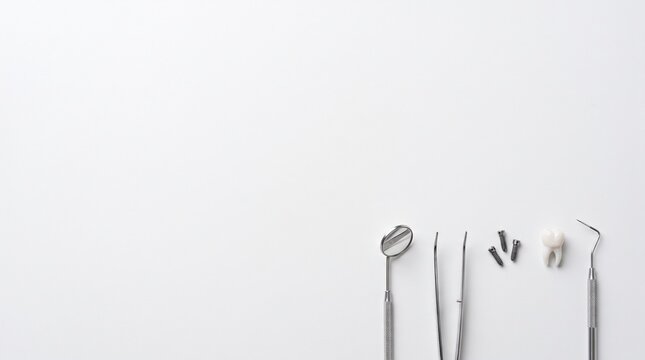Dental instruments and tooth model isolated on white background