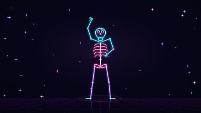 Glowing neon skeleton dancing joyfully in retro space night club digital motion graphics video clip loop