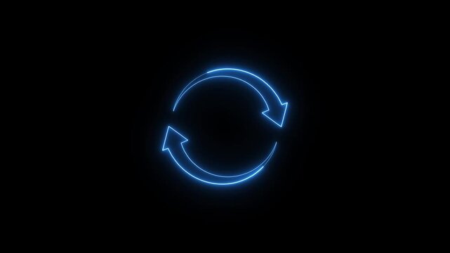 Neon blue refresh symbol animated on a dark background, glowing arrows forming a circular pattern, representing data synchronization or reload functionality with a modern, digital aesthetic.