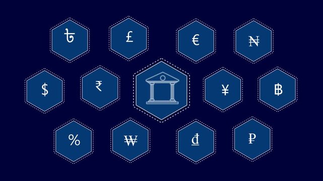 Abstract animation of financial currency symbols and bank building arranged in hexagonal grid on dark blue background representing global finance and economy.