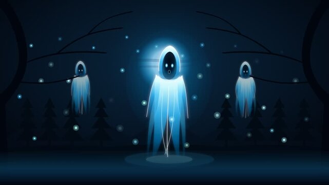 Glowing blue glowing phantom spirits floating mysteriously in a dark mysterious forest video footage background clip