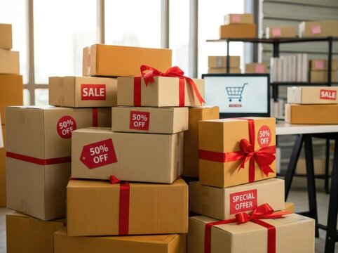 A large stack of cardboard boxes, many adorned with festive red ribbons and Sale or 50% Off tags, are arranged in a warehouse setting.