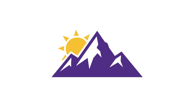 Mountain range logo icon with rising sun vector graphic illustration on white background