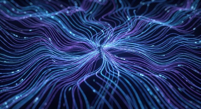 Abstract network of glowing blue and purple lines, representing data flow and connectivity, creates a mesmerizing visual of technological advancement.
