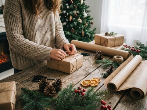 A person's hands are busy wrapping a Christmas gift on a rustic wooden table, surrounded by festive decorations, including a decorated Christmas tree in the background and pine branches.