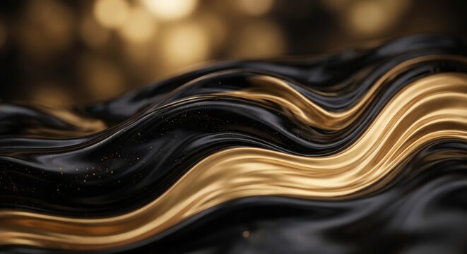 Luxurious black and gold fabric flows in elegant waves, creating a rich and sophisticated texture with a soft bokeh background.