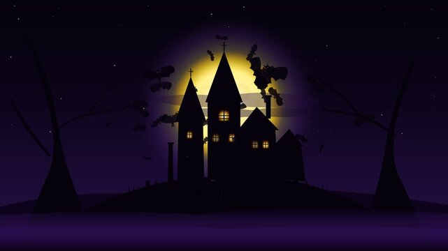 Spooky haunted castle silhouette with flying bats glowing full moon background motion video animation clip