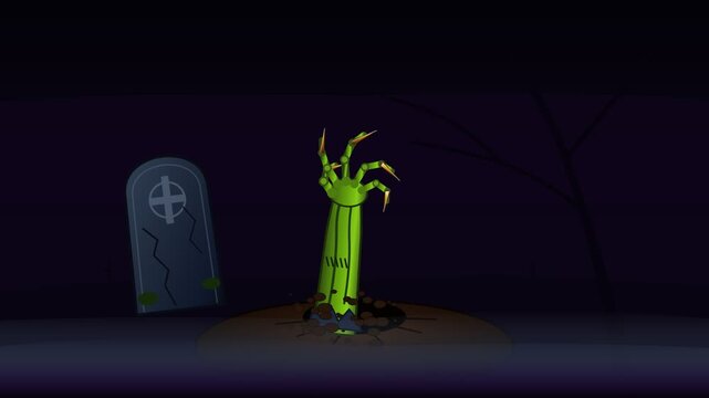 Creepy green zombie hand rising from graveyard soil in spooky midnight animation clip