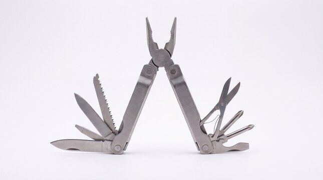 Multitool metal pocket knife with open blades and pliers isolated on white background