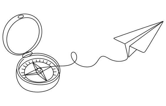 Continuous single line drawing of a navigation compass connected to a paper airplane representing travel and adventure Vector, illustration