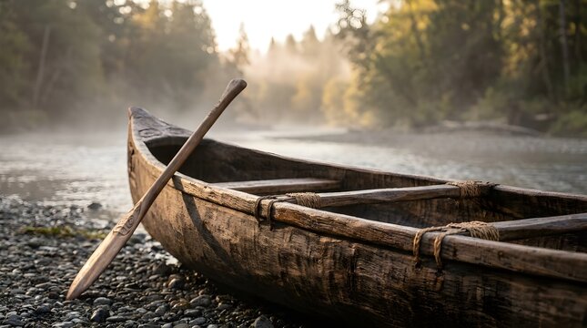 Indigenous Wooden Paddle Hunting Canoe