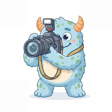 Cute cartoon blue monster holding a professional DSLR camera with a flash on white background
