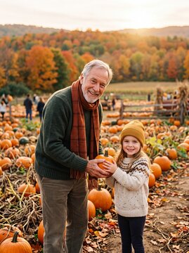 Grandfather and Granddaughter Picking Pumpkin at Autumn Farm
