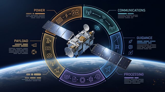 Satellite Systems Architecture Diagram Illustrating Onboard Processing Telecommunications and Orbital Guidance in Space